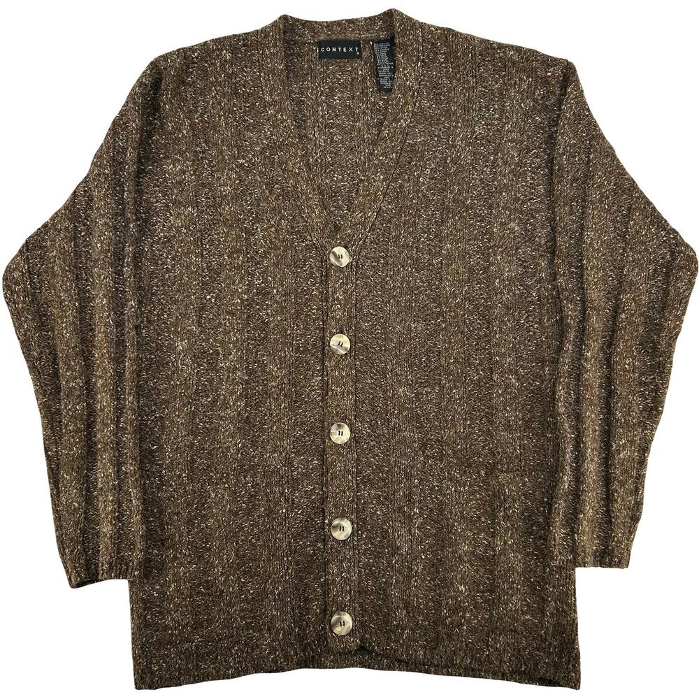 VTG 90s Men's Brown Context Wool Blend Button Up Cardigan Knitted Sweater Sz M